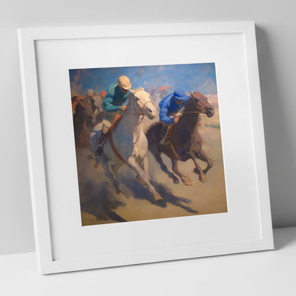 The Final Furlong racing horse art print in white frame