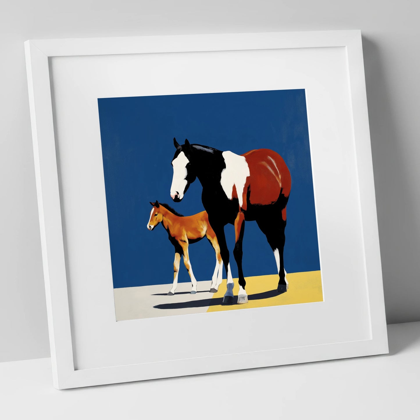 Striking Skewbald Bond mare & foal art print in white frame