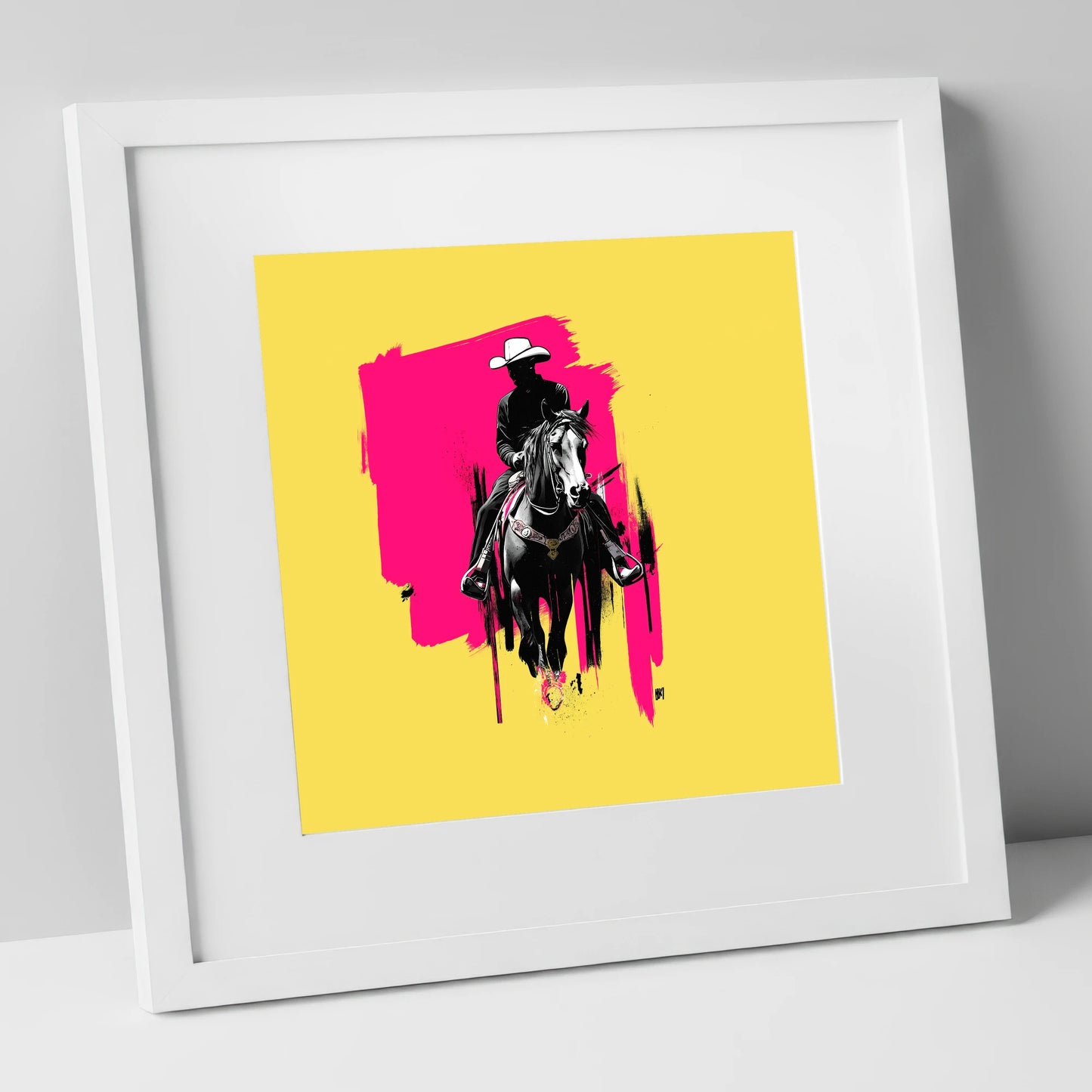 Magenta High Noon western horse art print in white frame