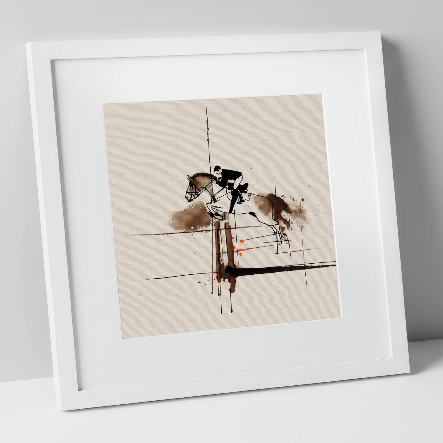 Clearing the Vertical show jumping horse art print in white frame