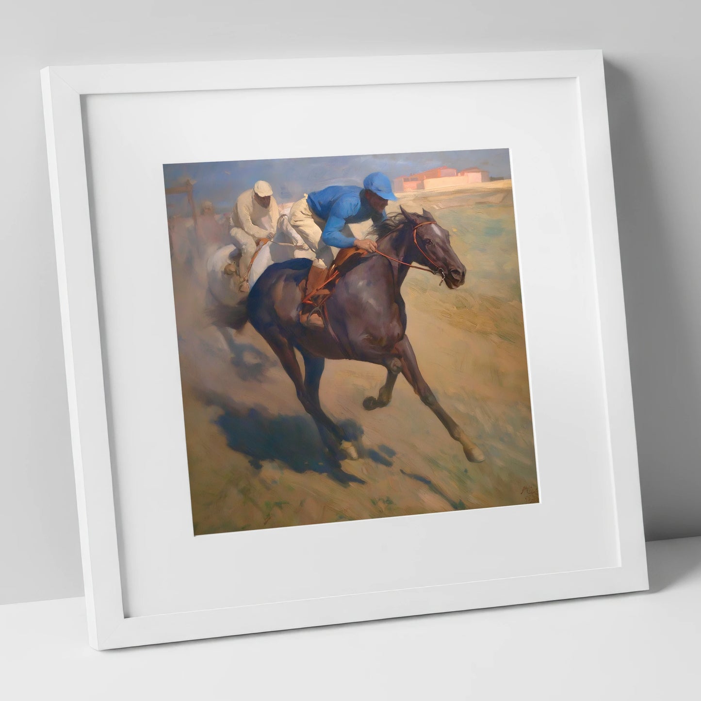 The Final Furlong racing horse art print in white frame