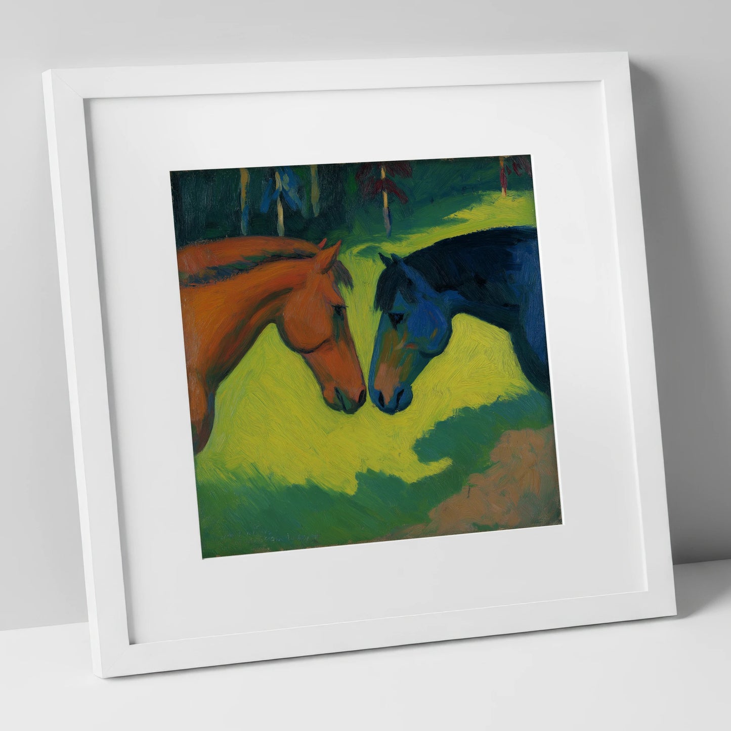 Vibrant Equine Connection horse portrait art print in white frame