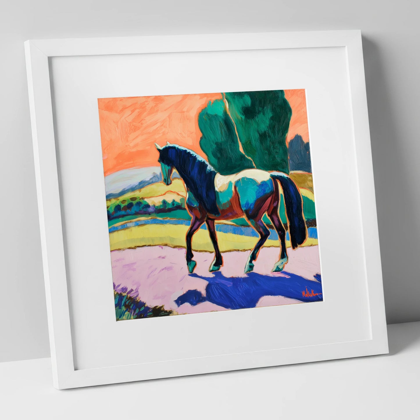 The Cobalt Stride horse breed art print in white frame