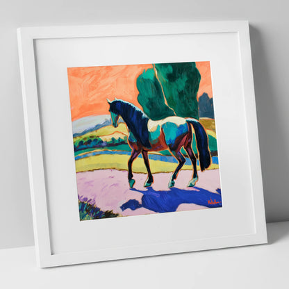 The Cobalt Stride horse breed art print in white frame