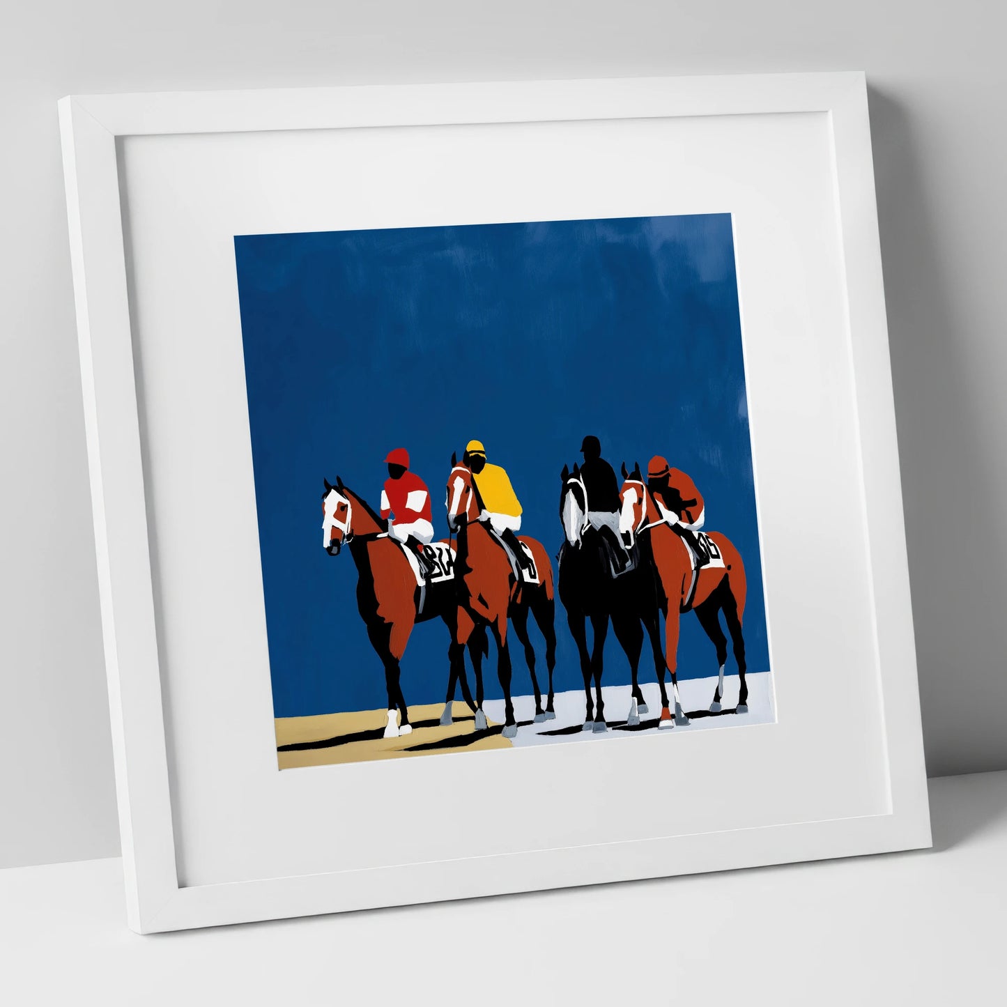 Bold Silks Under Blue racing horse art print in white frame