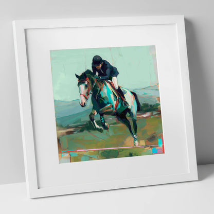 The Bold Clear show jumping horse art print in white frame