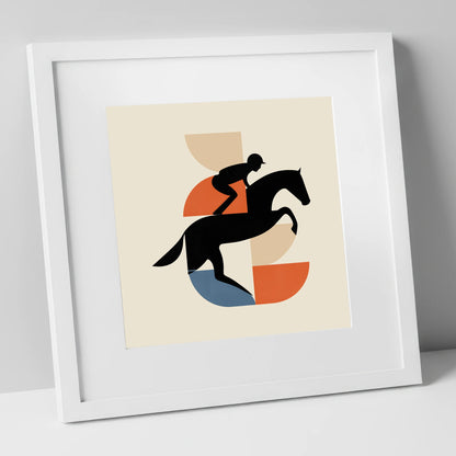 Geometric Steeplechase racing horse art print in white frame