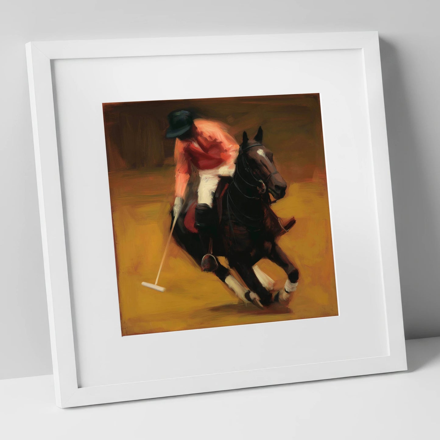 Heat of the Chukka polo horse art print in white frame