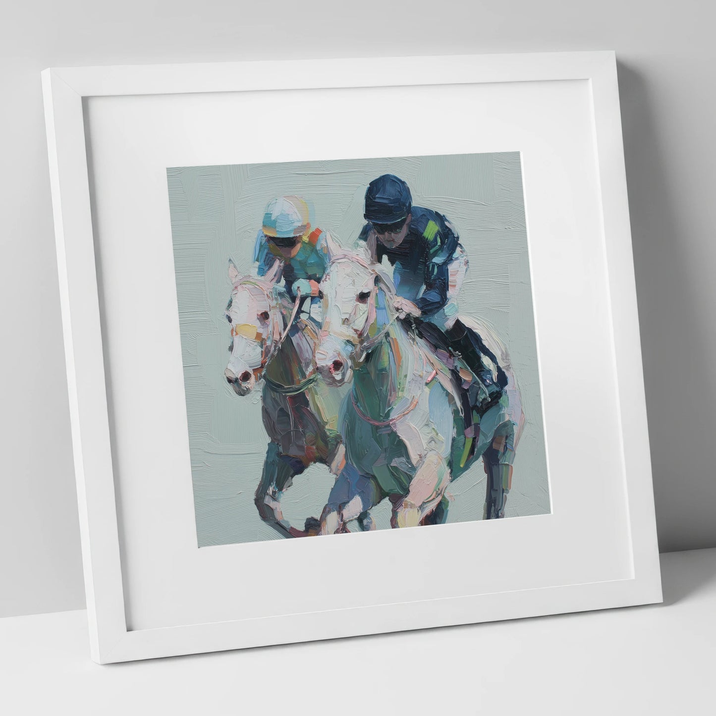 The Final Furlong racing horse art print in white frame