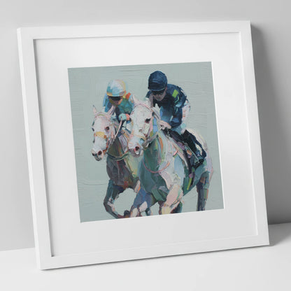 The Final Furlong racing horse art print in white frame