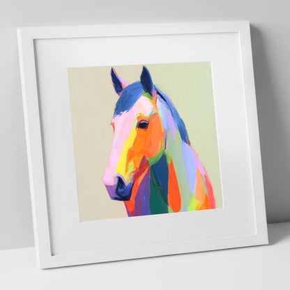 Vivid Technicolour Spirit horse portrait art print in white frame