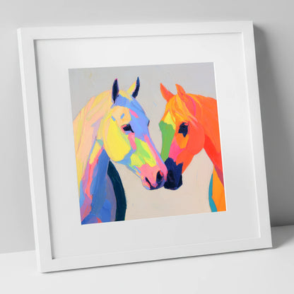 Technicolour Companions horse portrait art print in white frame