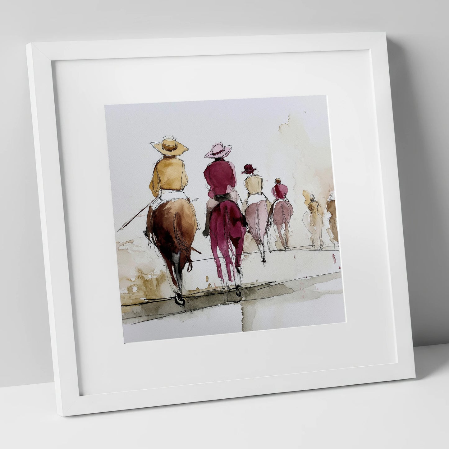 The Morning String racing horse art print in white frame