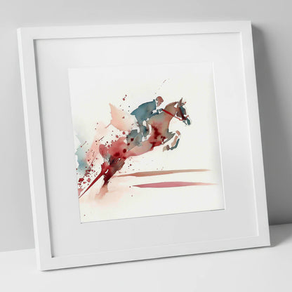 Crimson Ascent show jumping horse art print in white frame