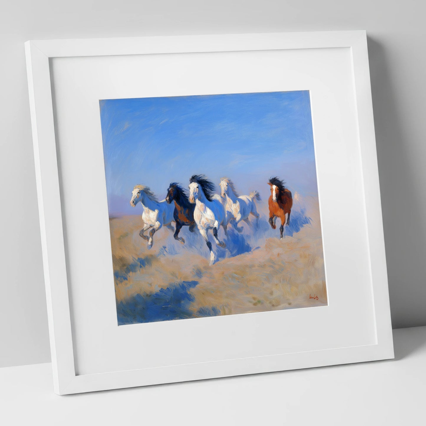 The Cerulean Gallop wild horses art print in white frame