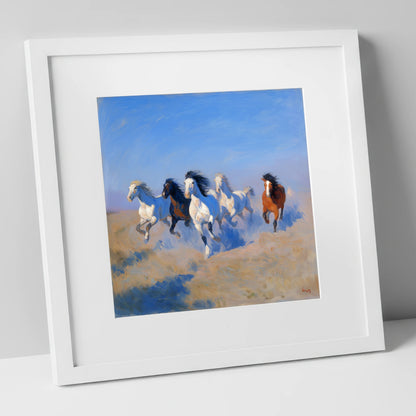 The Cerulean Gallop wild horses art print in white frame