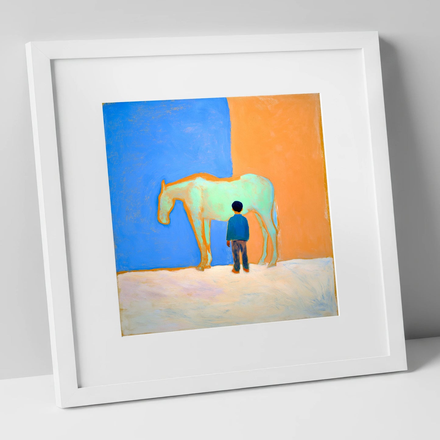 A Silent Understanding horse & rider art print in white frame