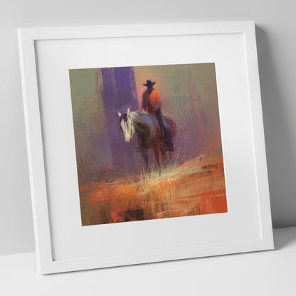 The Solitary Rider western horse art print in white frame