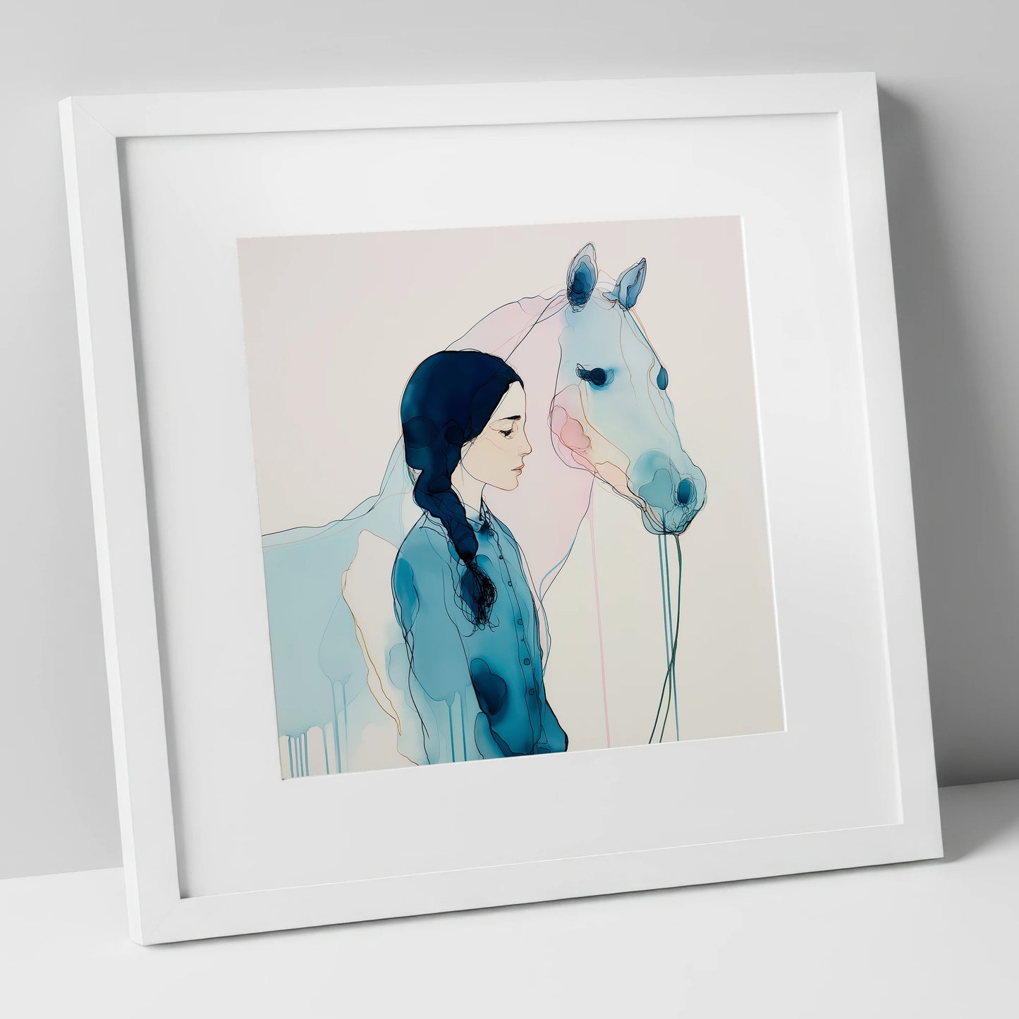 Ethereal Bond horse & rider art print in white frame