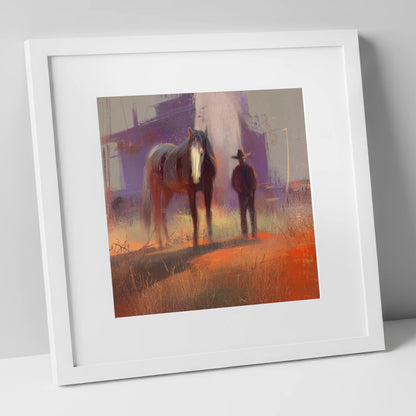 Sundown on the Trail western horse art print in white frame