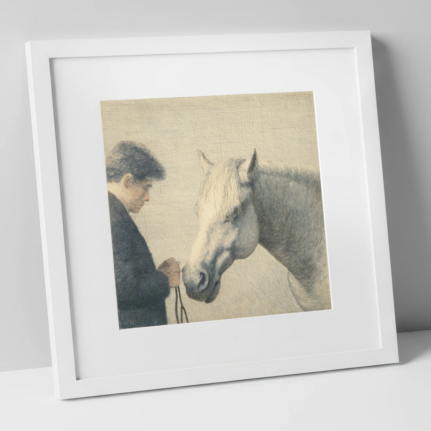 The Quiet Bond horse & rider art print in white frame