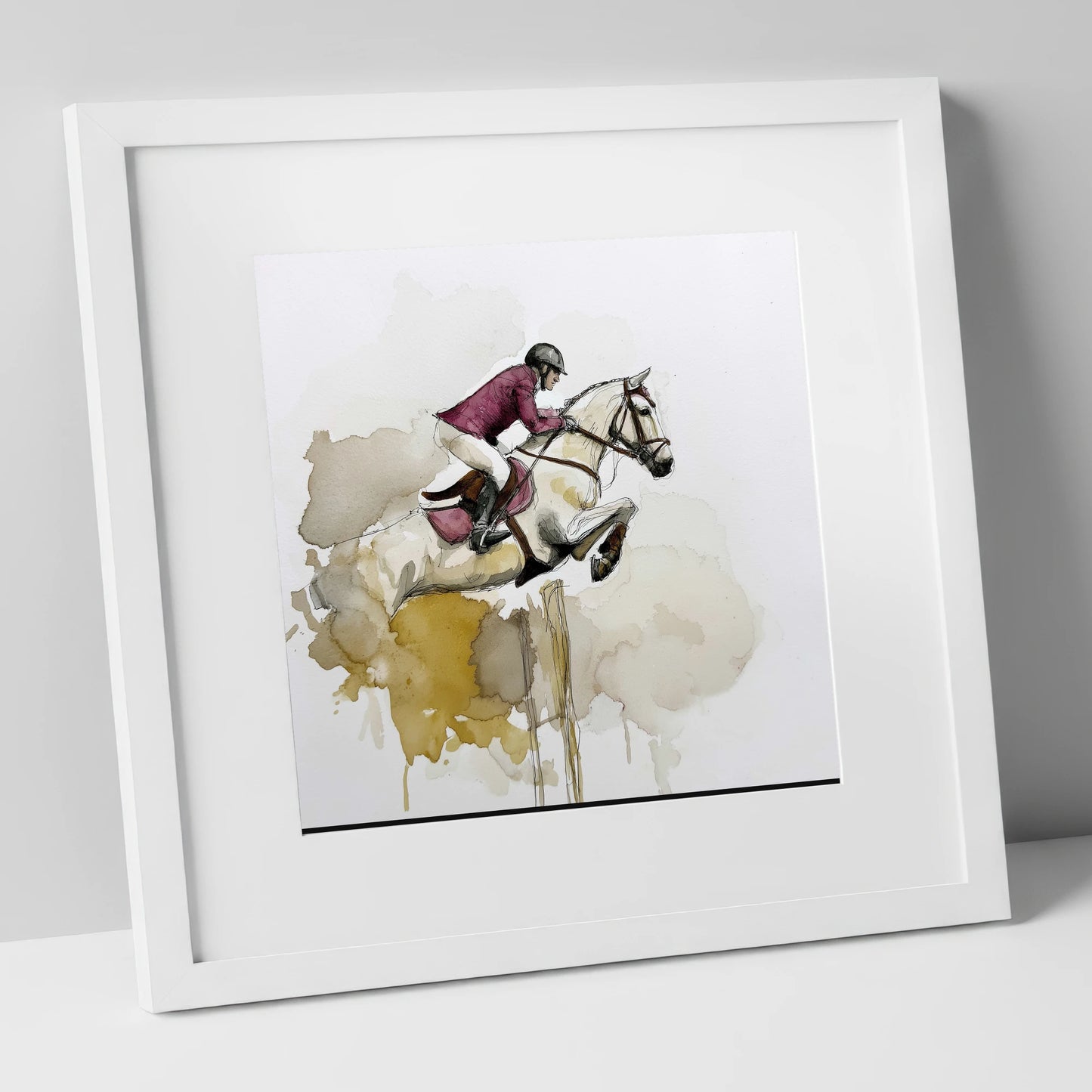 Suspended Elegance show jumping horse art print in white frame