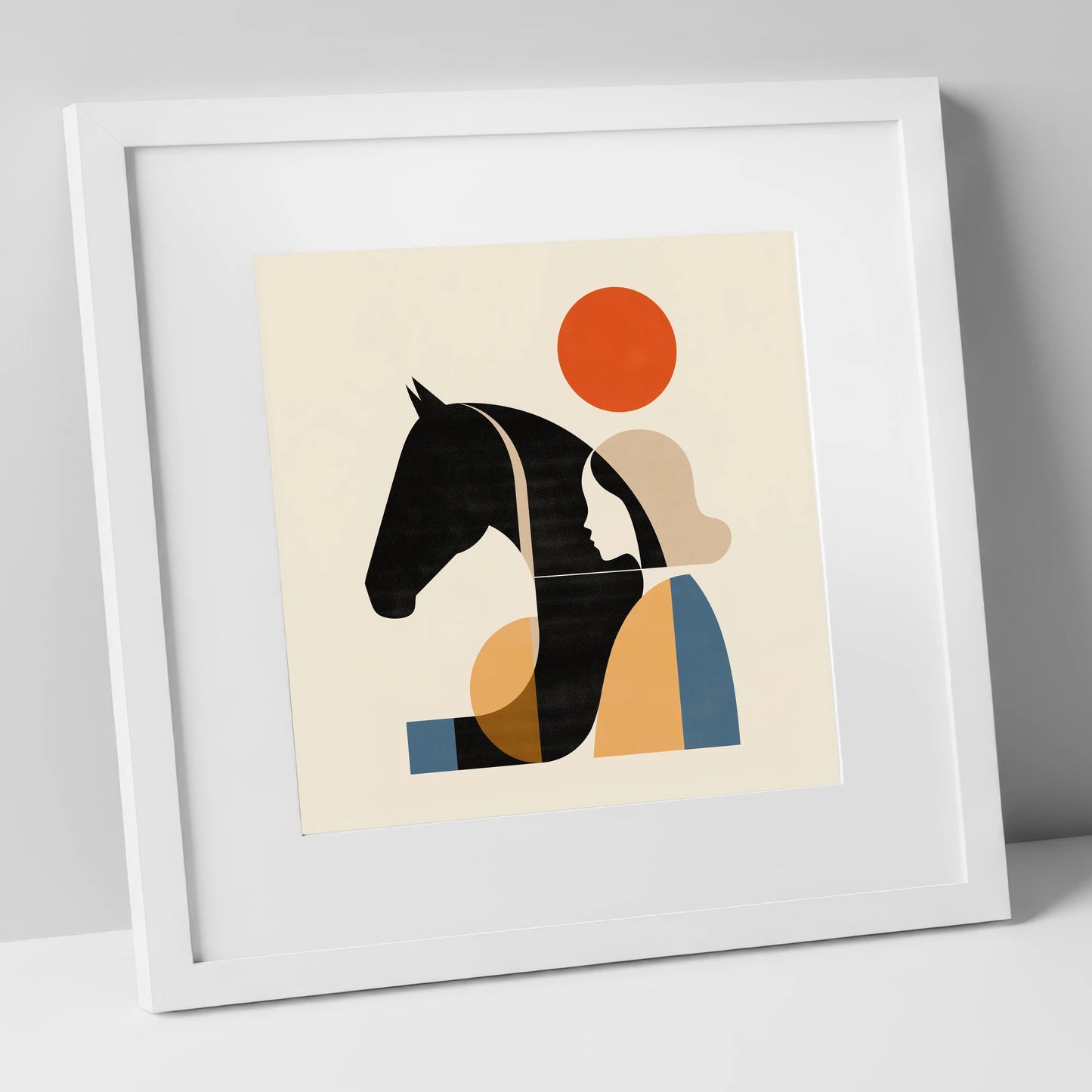 Geometric Equine Harmony horse & rider art print in white frame