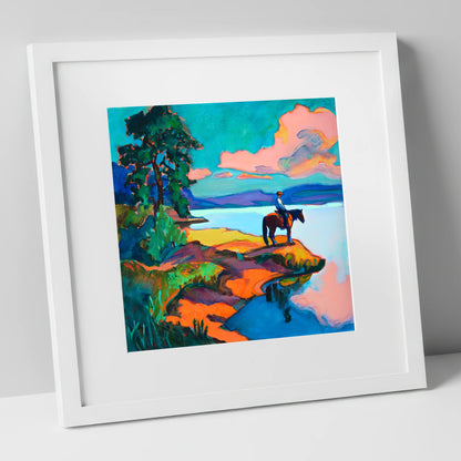 The Violet Shoreline beach horse art print in white frame