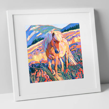 Fjord Horse in Vibrant Mountains horse breed art print in white frame