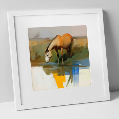 Vibrant Waterside Reflection horse landscape art print in white frame