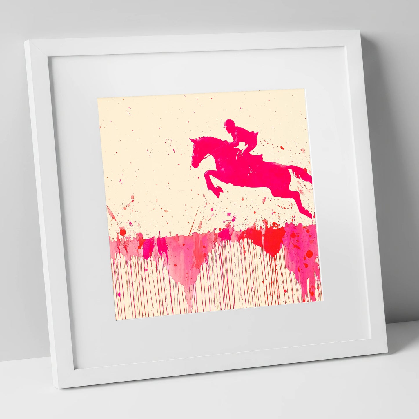 Magenta Flight show jumping horse art print in white frame