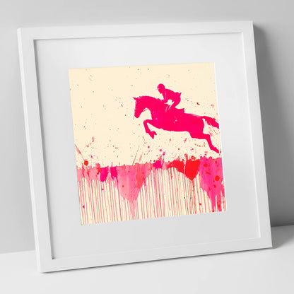 Magenta Flight show jumping horse art print in white frame