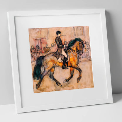 Classical Cadence dressage horse art print in white frame