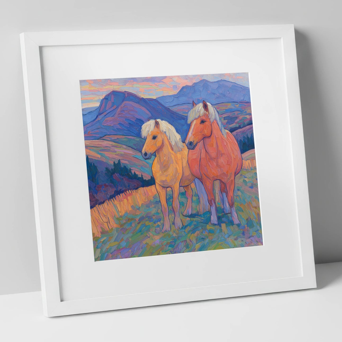 Highland Fjord Companions horse landscape art print in white frame