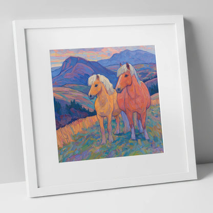 Highland Fjord Companions horse landscape art print in white frame