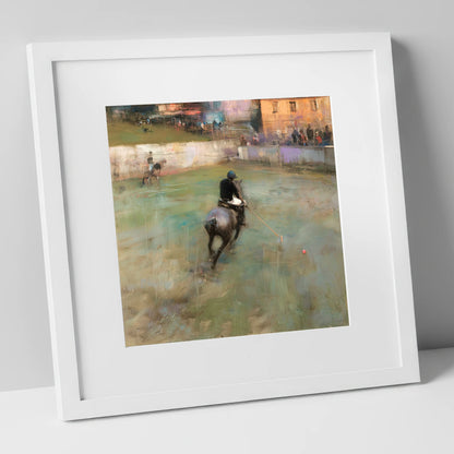 The Breakaway Drive polo horse art print in white frame