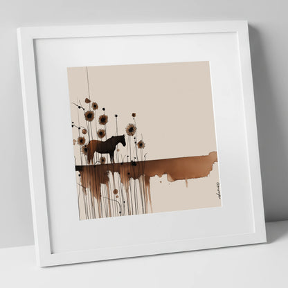 Sepia Sunflower Silhouette horse landscape art print in white frame
