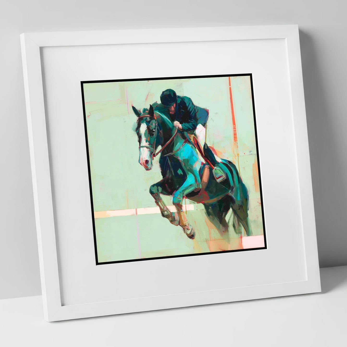 Airborne in Teal show jumping horse art print in white frame