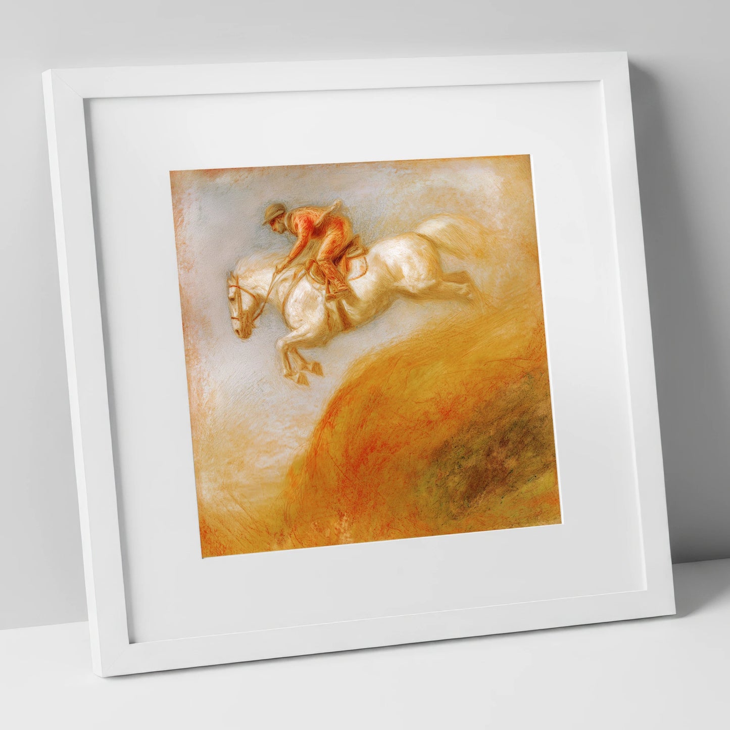 Terracotta Flight show jumping horse art print in white frame