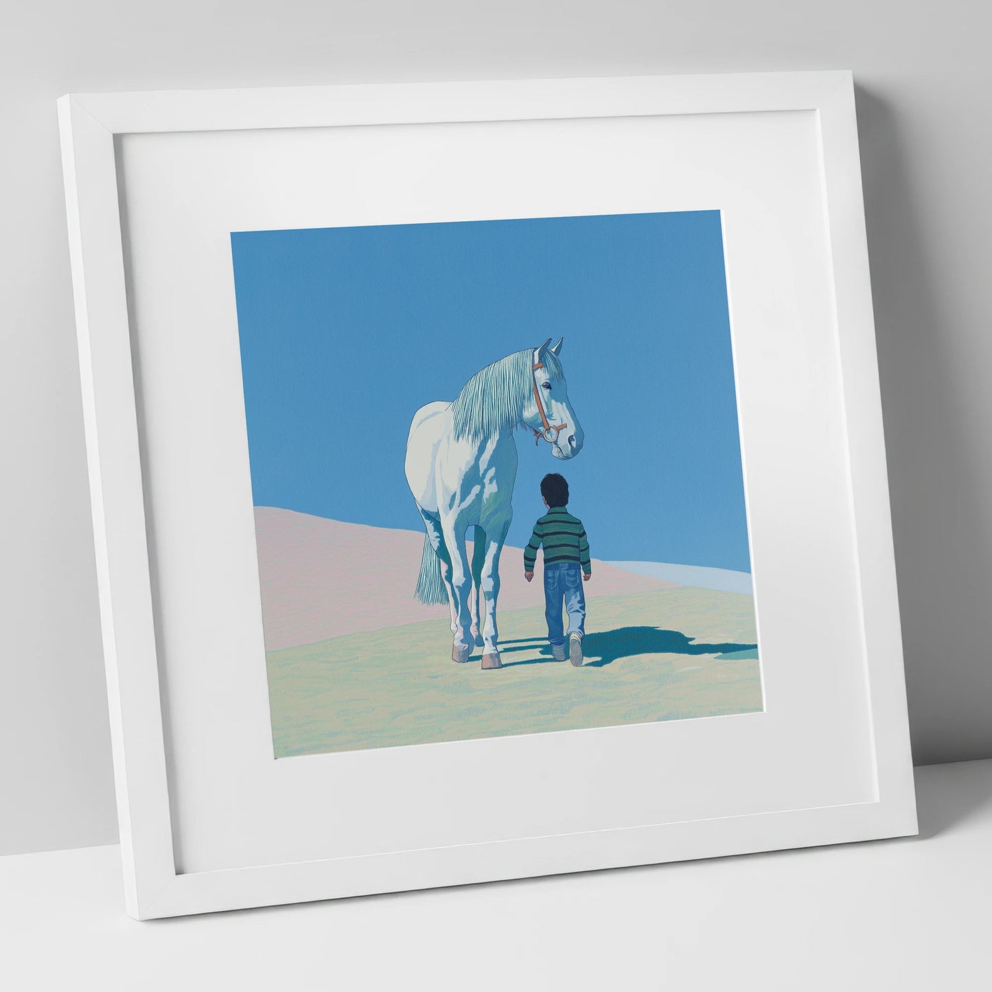 The Quiet Companion horse & rider art print in white frame