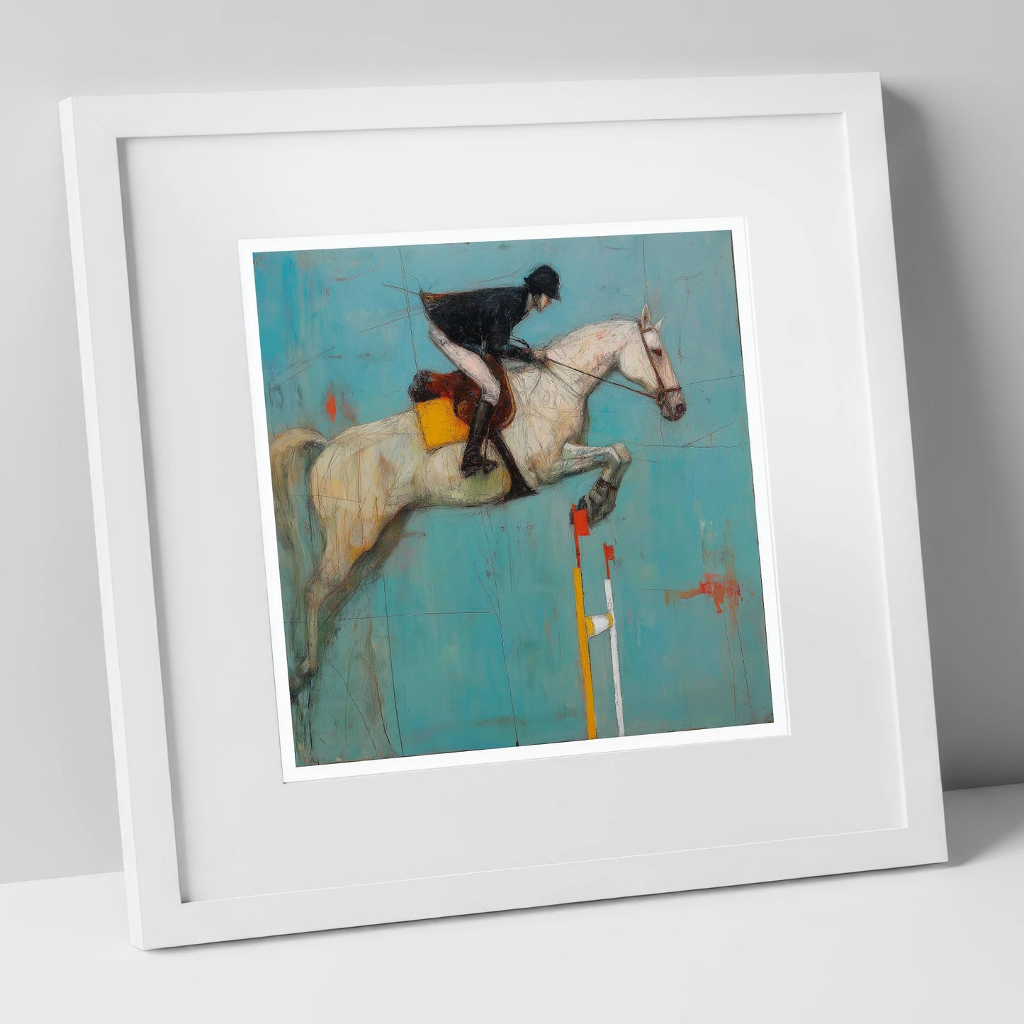 Airborne Over Teal show jumping horse art print in white frame