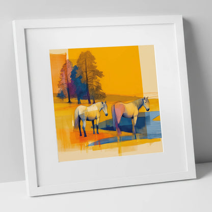 Abstract Golden Pasture horse landscape art print in white frame