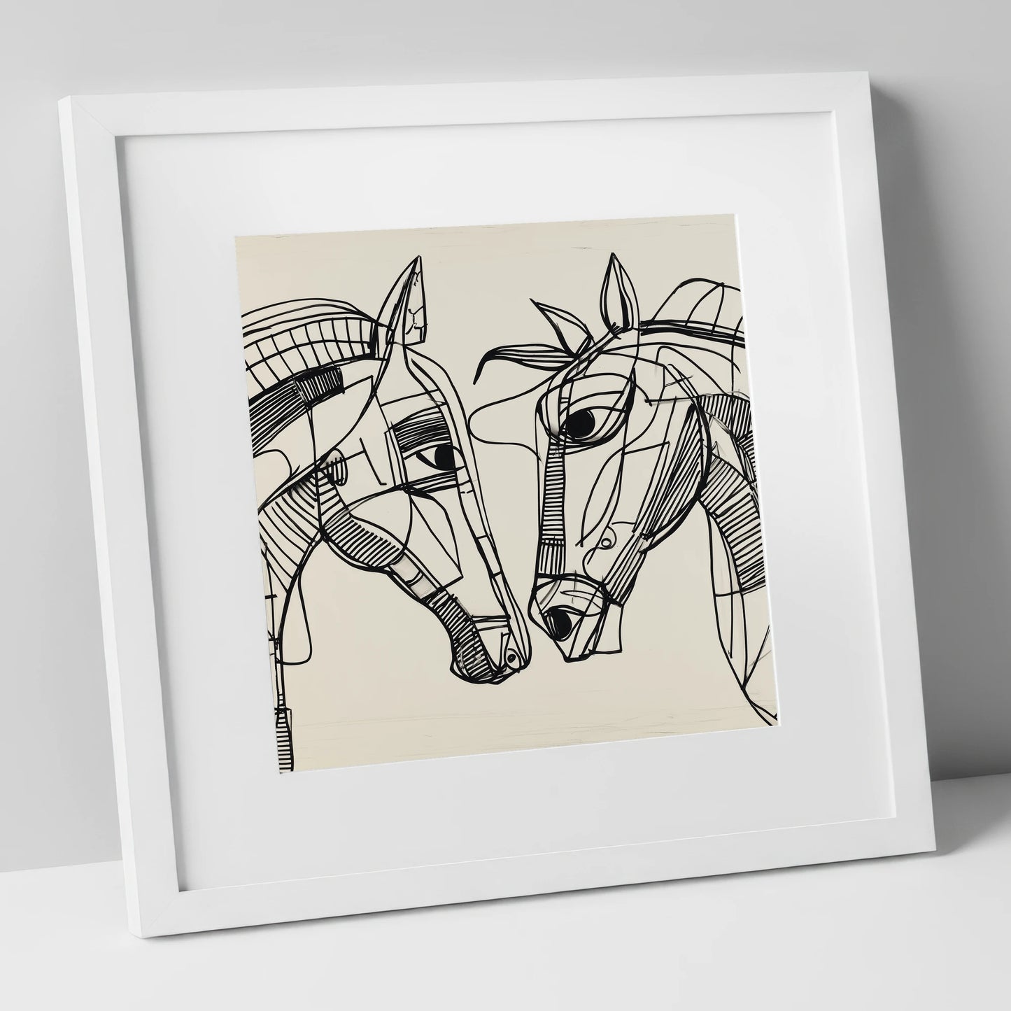 Linear Equine Connection horse portrait art print in white frame