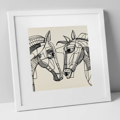 Linear Equine Connection horse portrait art print in white frame