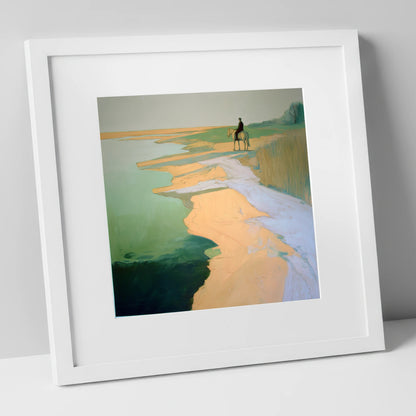 Solitary Shoreline Hack beach horse art print in white frame