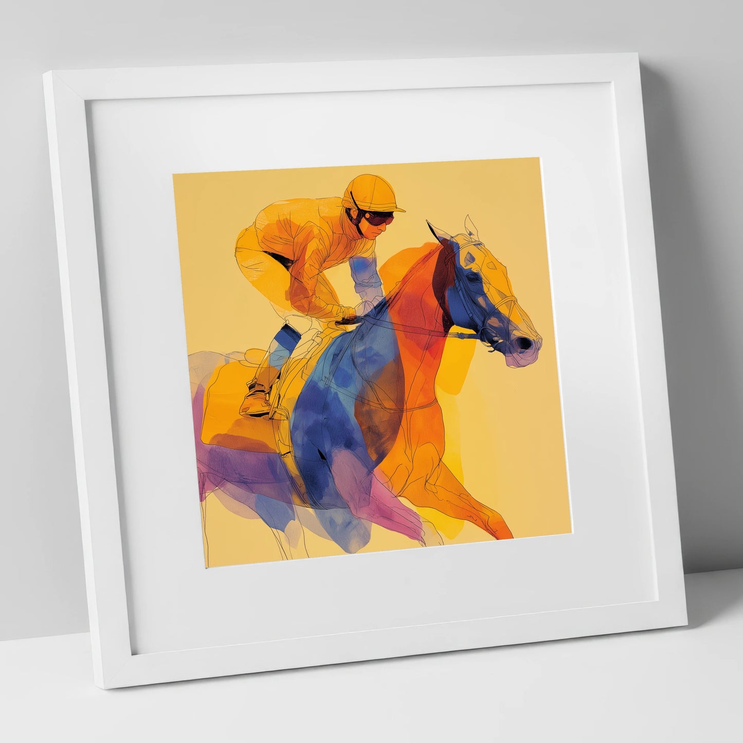 Prismatic Racing Stride racing horse art print in white frame