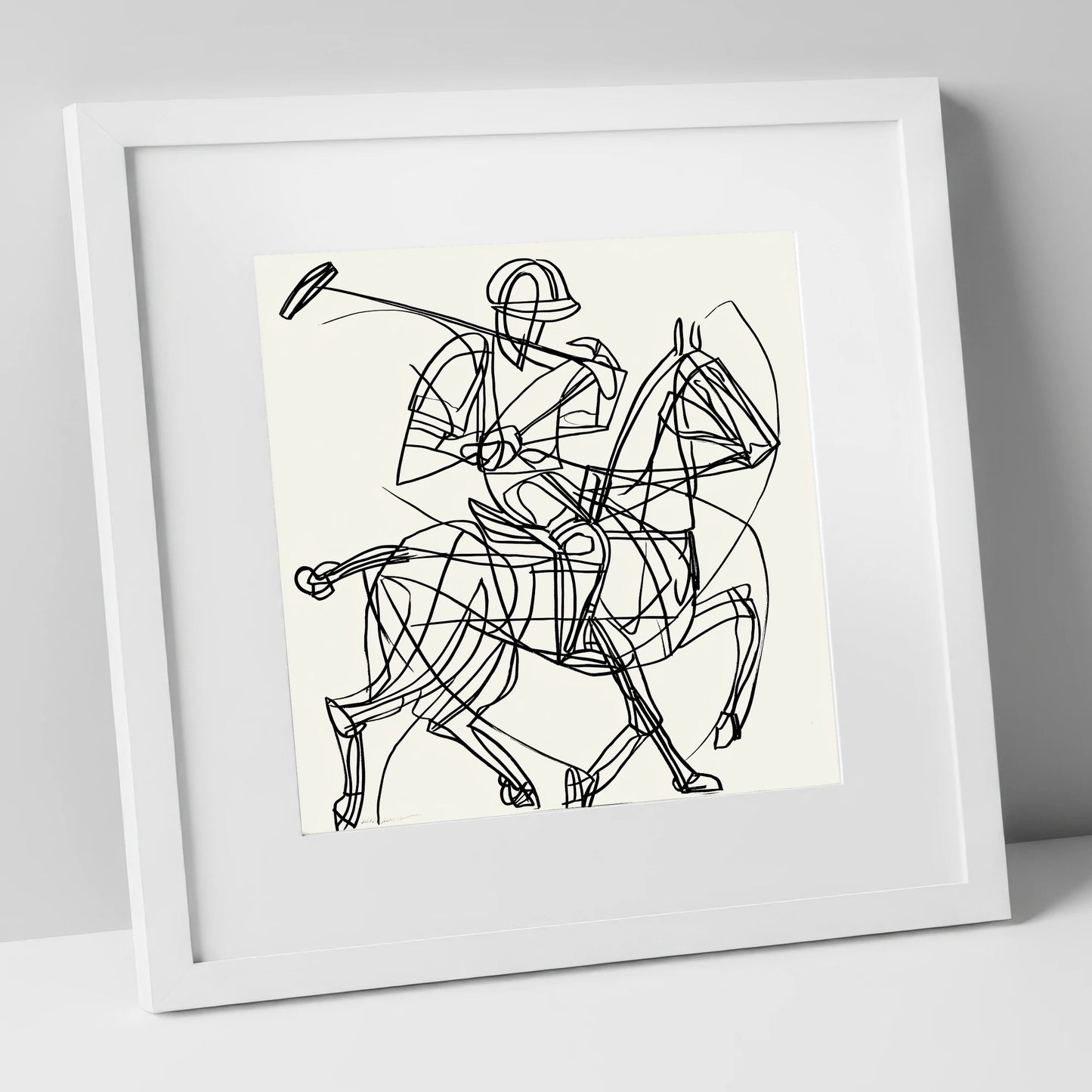 Linear Polo Strike polo horse art print in white frame