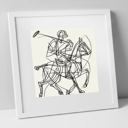 Linear Polo Strike polo horse art print in white frame