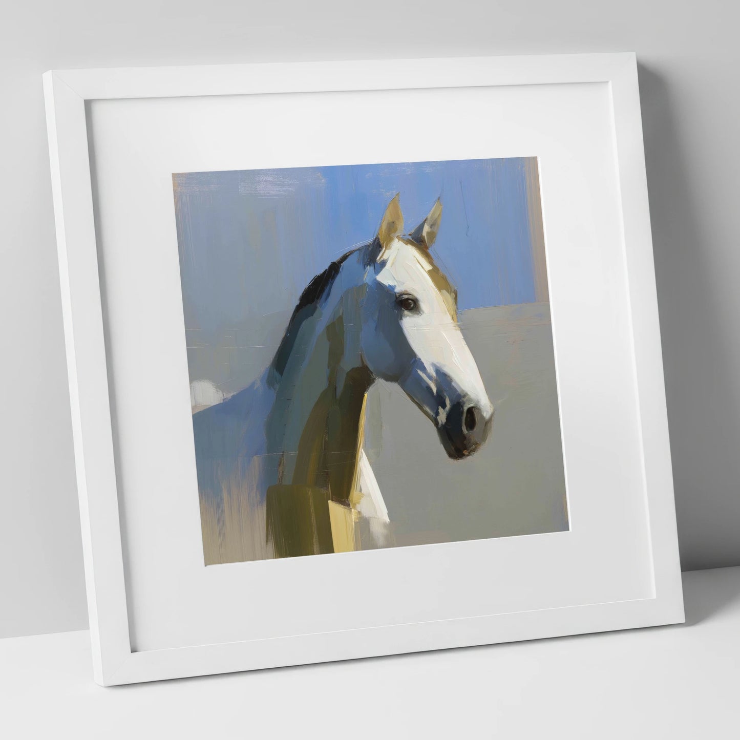Sunlit Slate Grey horse portrait art print in white frame
