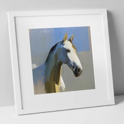 Sunlit Slate Grey horse portrait art print in white frame